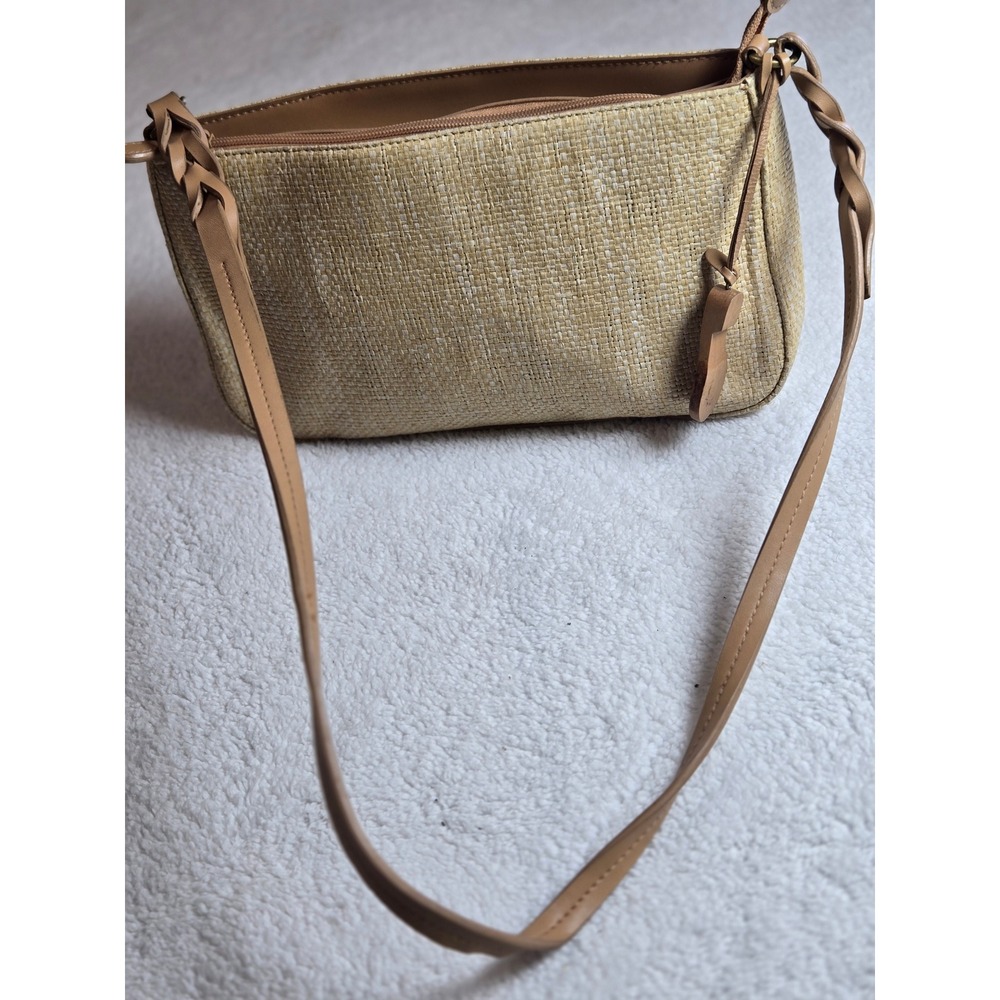 Etienne Aigner Tan Woven Paper Straw Shoulder Bag Braided Strap Wooden Charm